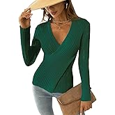 CUPSHE Womens Ribbed Sweaters Surplice Fall Knit Sweater Long Sleeve Wrap Sweater Tops