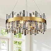 Siljoy Modern Crystal Chandeliers, 12 Lights Brass Gold Raindrop Crystal Chandelier Lighting, Adjustable Hanging Pendant Ligh