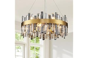 Siljoy Modern Crystal Chandeliers, 12 Lights Brass Gold Raindrop Crystal Chandelier Lighting, Adjustable Hanging Pendant Light Fixture for Dining Room Living Room Kitchen Island D23.6''