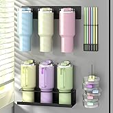DTUQYX Magnetic Stanley Cup Holder for Fridge, Tumbler Organizer Fits 20 30 40oz Stanley Cups, Water Bottle Organizer with Lid & Straw Holder, Stanley Cup Accessories for Kitchen Refrigerator (Black)​