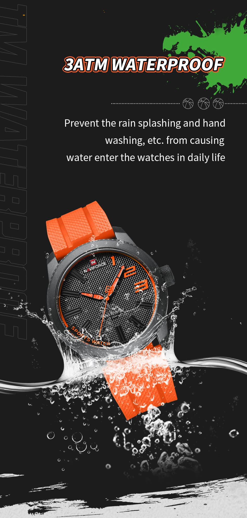NANVIFORCE Fashion Watch with Silicone Strap Top Brand Luxury Men Watches Sport Waterproof Quartz Watches for Men, Orange, English