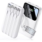 15000mAh Portable Charger Power Bank, Smaller Built-in 4 Cables White | 22.5W 50% More Capacity, 45% Smaller, Slim Travel Essential Battery Pack, 30-Min Fast Charge to 50% for iPhone/Samsung