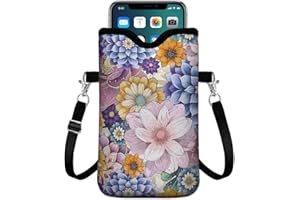 GEGEPINK Universal Phone Sleeve Pouch with Crossbody Strap 7.6 X 4.3 Inches Shockproof Water Resistant Mobile Protection Bag-Purple Boho Floral Neoprene Phone Pouch Bag
