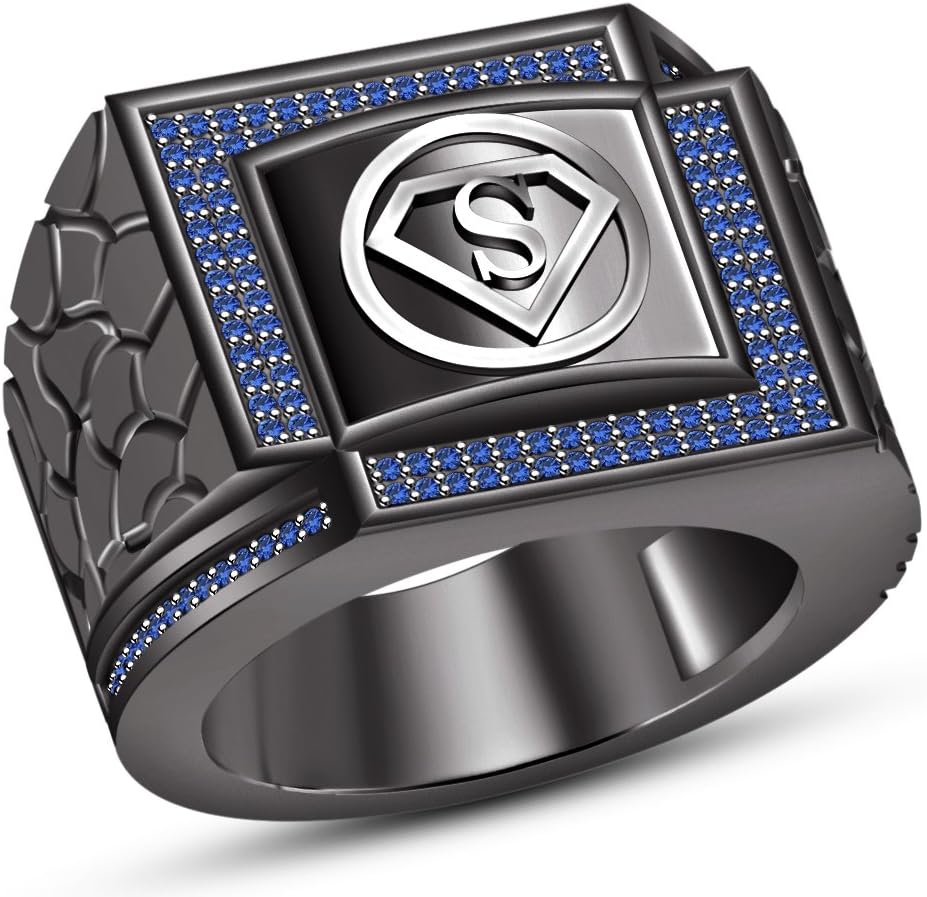 Vorra Fashion 925 Sterling Silver Black Rhodium Plated Men's Superman Style Band Ring With Embedded Round Blue Sapphire
