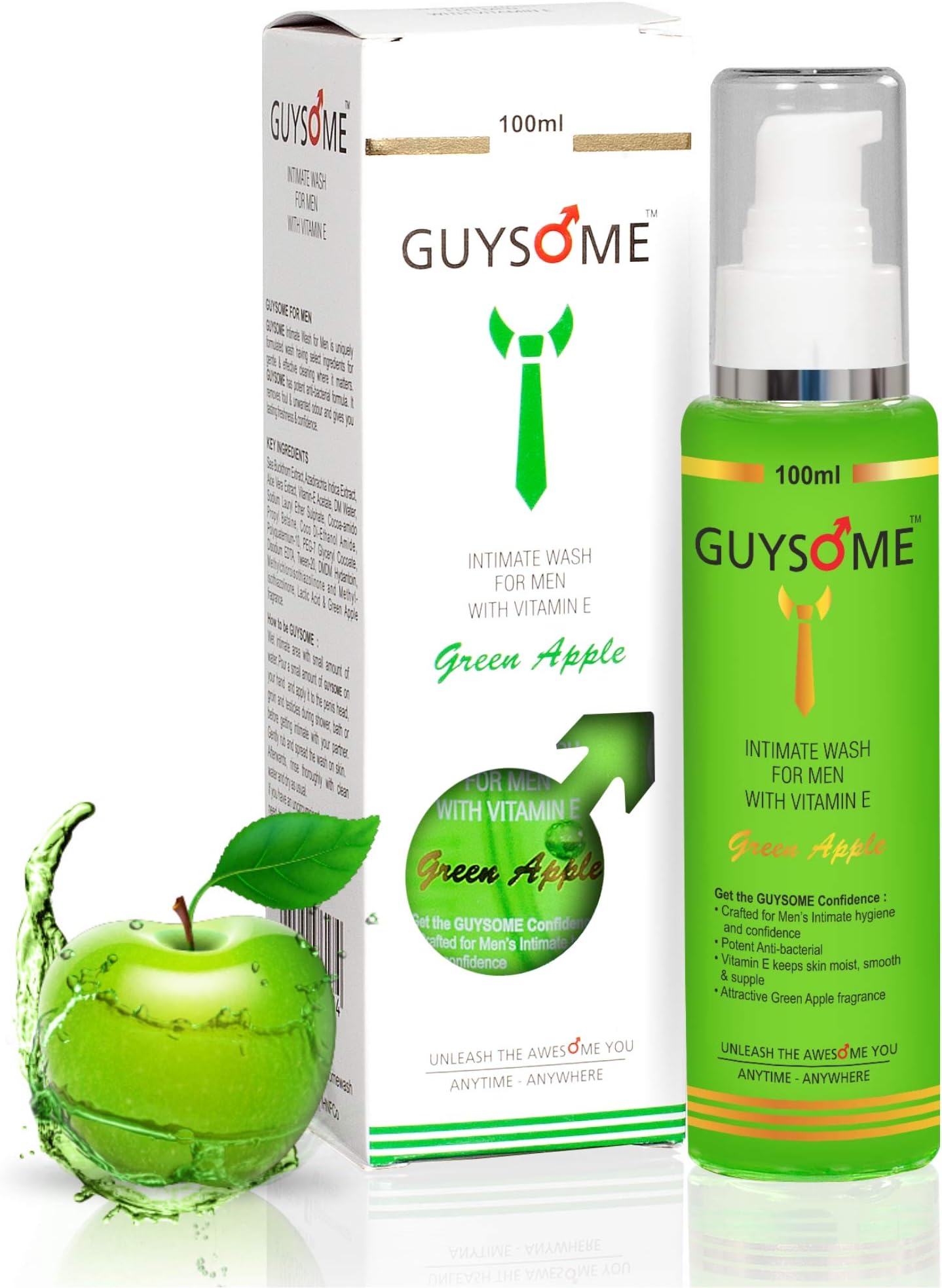 GUYSOME Intimate Wash for Men, Daily Hygiene Wash for Male Genital Area Care, pH Balance for Sensitive Skin with Vitamin E & Sea Buckthorn 3.38 FL Oz 100ML (Apple)