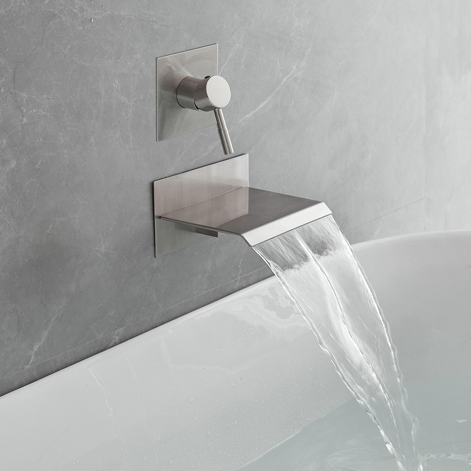 Photo 1 of Bathfinesse Wall Mount Tub Filler Bathtub Faucet High Flow Single Handle Shower Faucets Waterfall Tub Spout Rough in Valve Bathroom Sink Faucet Brushed Nickel