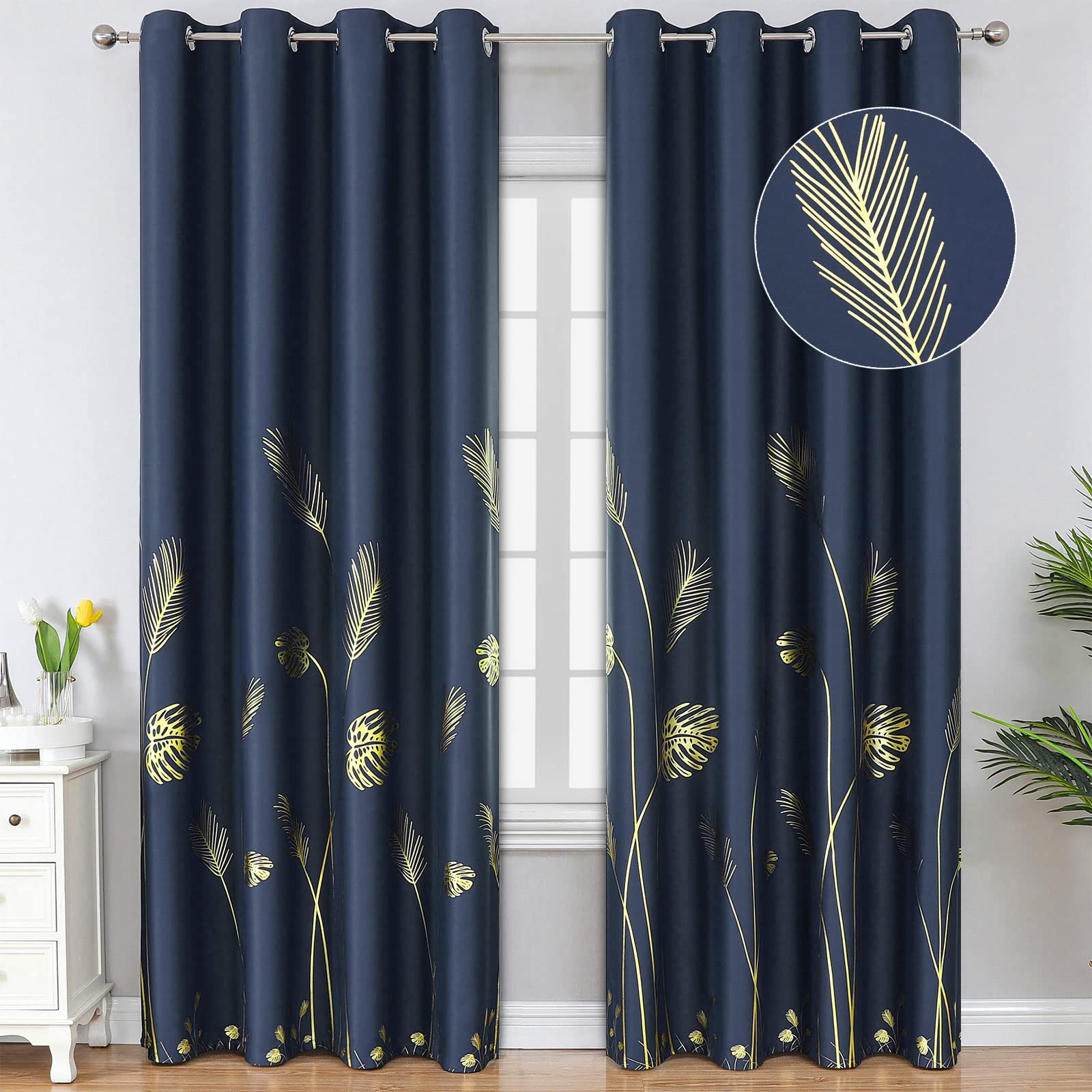 Estelar Textiler Navy Blue Blackout Curtains for Living Room 84 Inch Length 2 Panels Set, Gold Palm Leaves Printed Window Drapes, Energy Saving Curtains for Bedroom, 52Wx84L Image