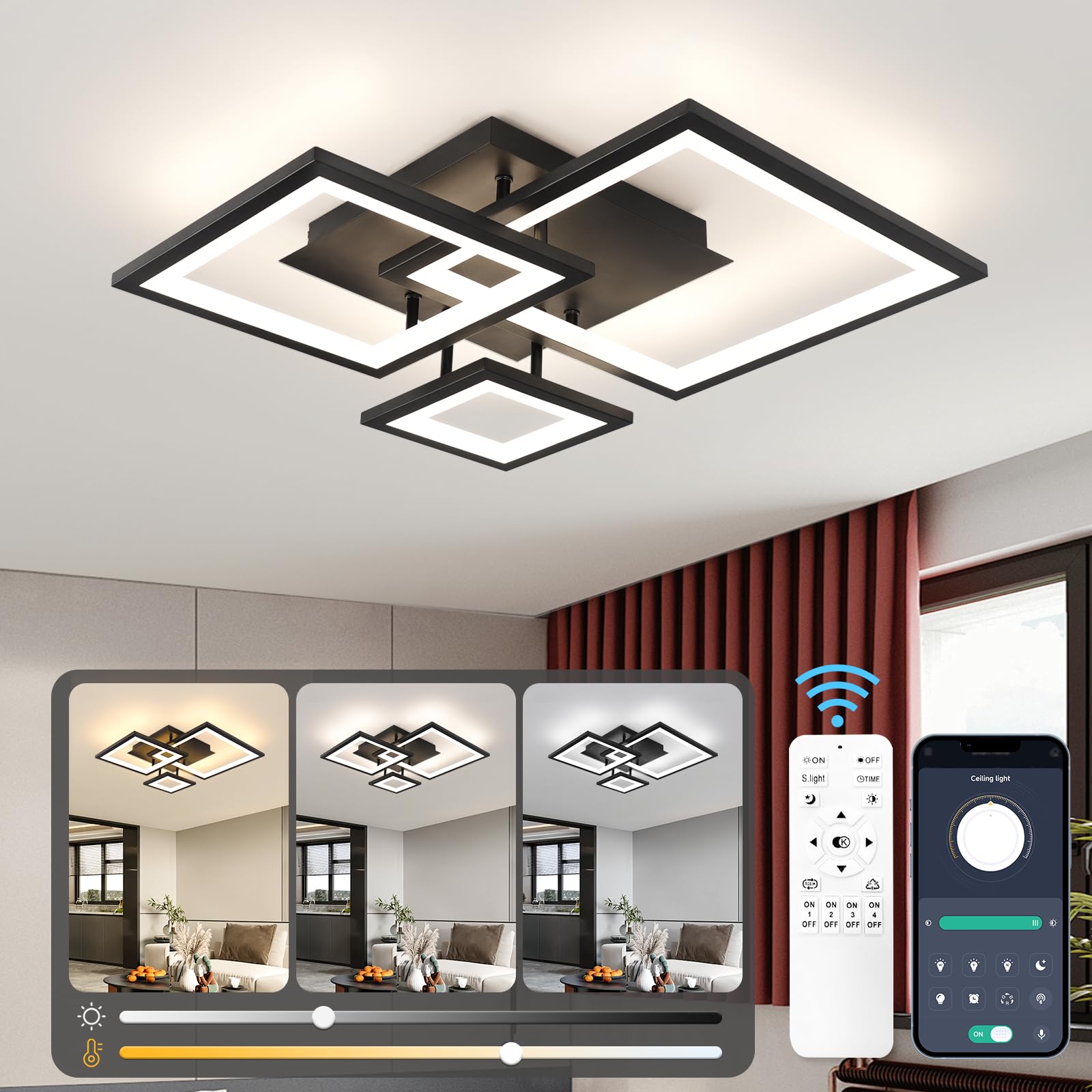 EIDISUNY Modern Led Ceiling Light 3-Square Design 3000K-6500K LED Dimmable Ceiling Lights with Remote Control Black Ceiling Lighting Fixture for Bedroom Kitchen Dining Room Office Living Room - 36W