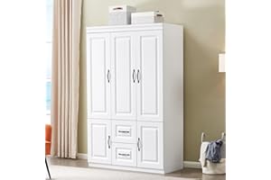 GraceGrove Armoire Wardrobe Closet with 3 Door Armoires and Wardrobes with 2 Drawers Tall Cabinet for Large Capacity, Closet Wardrobe Cabinet with Hanging Rail and Metal Handle for Bedroom White