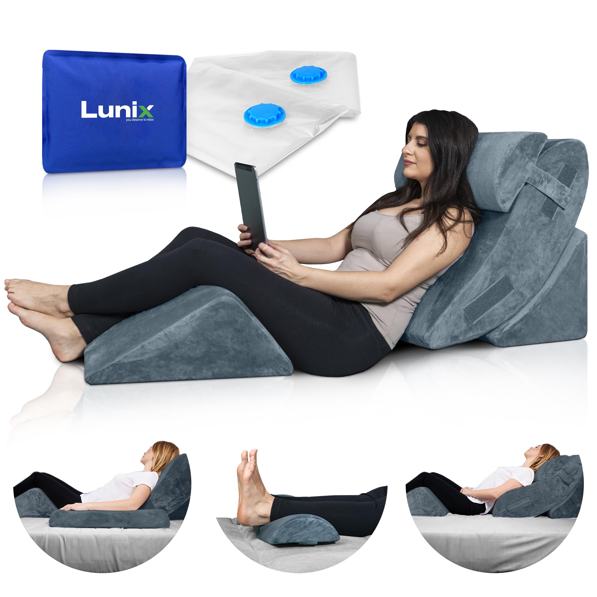 Photo 1 of **MISSING 2 PILLOWS***Lunix LX5 4-Piece Support for Shoulder & Upper Body Rest, Orthopedic Bed Wedge Pillow Set, Elevated Memory Foam for Post-Op Recovery & Sleep Comfort, Stone Navy