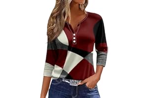 EKIYVO 3/4 Length Sleeve Womens Tops Casual Loose Fit Henley Neck T Shirts Cute Print Three Quarter Length Tunic Tops