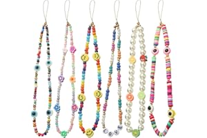 Taouzi 6PCS Phone Charms Beaded Phone Lanyard Wrist Strap Face Beaded Fruit Star Pearl Rainbow Color Beaded Phone Chain Strap for Women