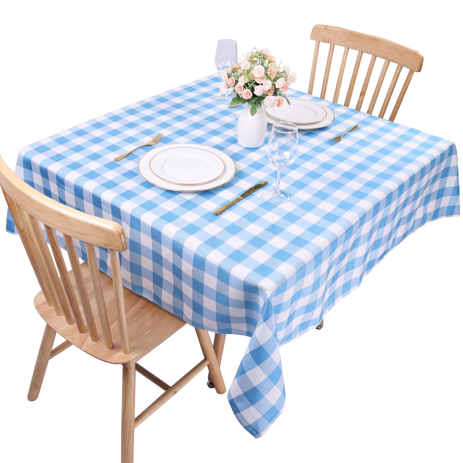 Kesfey Sky Blue Square Gingham Tablecloths Polyester 140x140cm Checkered Square Plaid Tablecloth Wrinkle Free Wipe Clean Table Cloth for Dining Room Outdoor — image 1