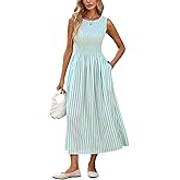 YEXPINE Women's Summer Striped Sleeveless Maxi Dress Smocked Swing A Line Beach Vacation Dress with Pockets