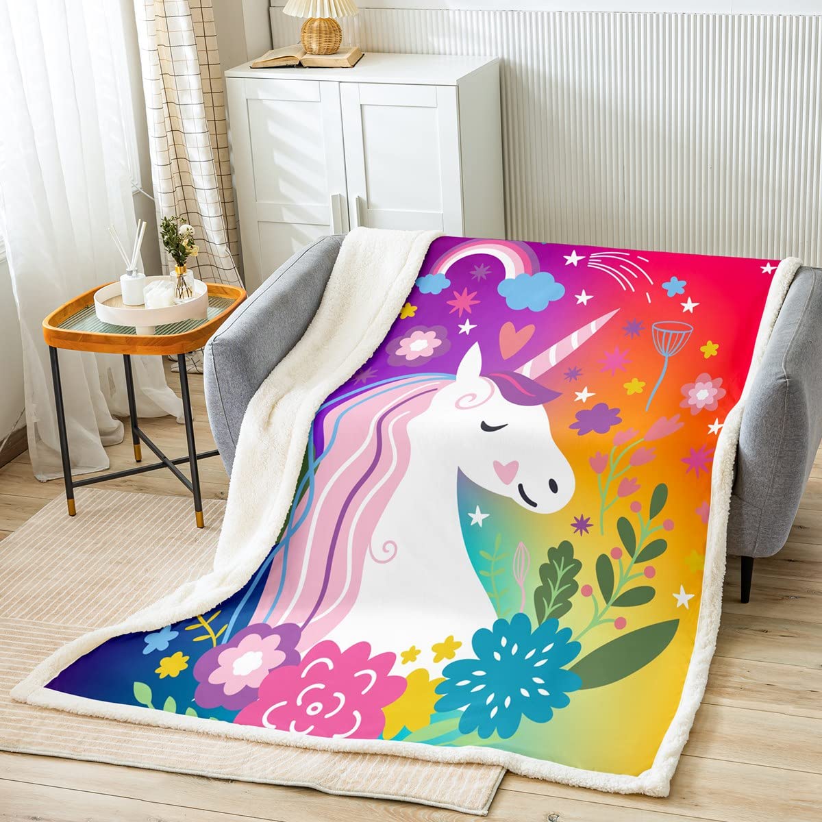 Cartoon Unicorn Plush Bed Blanket Colorful Floral Flower Fleece Blanket Kawaii Horse Throw Blanket Kids Teen Young Girls Fairy Tale Warm Flannel Throw Fashion For Living Room Baby 30"X40"