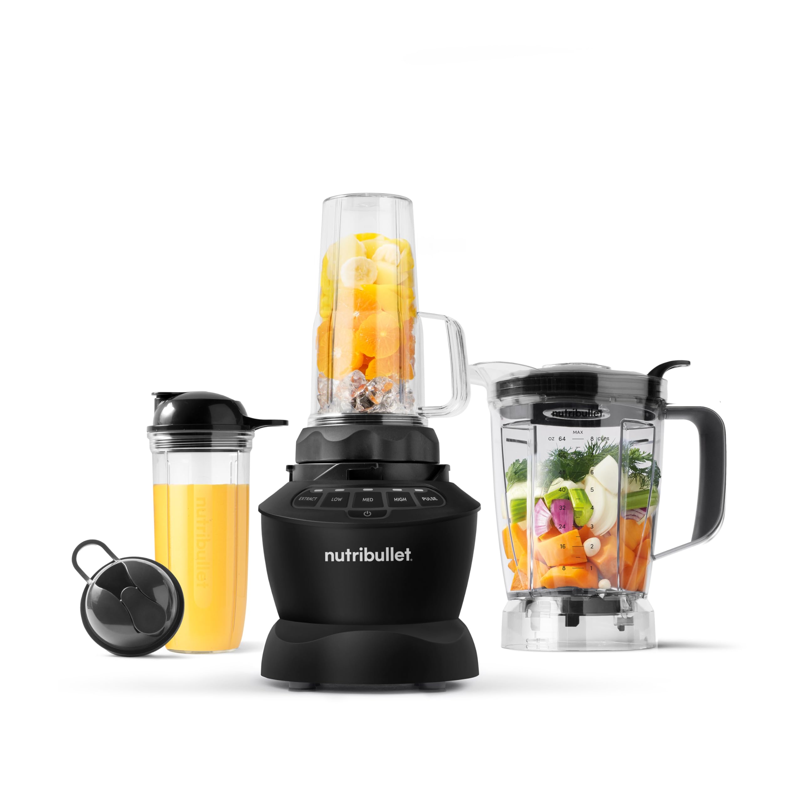 nutribullet Full-Size Blender Combo, Single-Serve & Large Capacity, 1200W, 64oz Pitcher, 32oz Cup, Extractor Blade, 3-Speed, Pulse, Smoothies, Soups, Sauces, Easy Cleaning, Matte Black, NBF50500AK