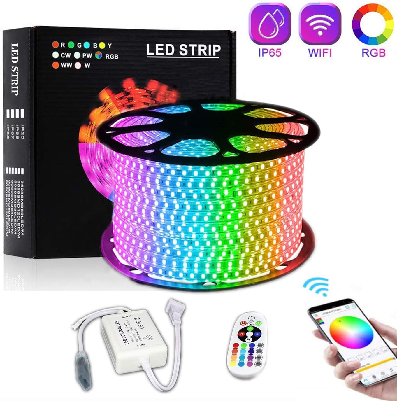 Doubjoy LED Strip Lights, 10M RGB LED Strip, Remote Control Bluetooth Controlled Strip Light, LED Lighting Waterproof IP65 Lights for Christmas, Party, Home Decoration (50m)