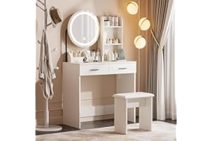 ivaniti White Vanity with Round Mirror, Charging Station, 3 Lighting Modes, 2 Drawers, 3 Open Shelves, Bracket, and Cushioned Stool