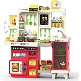 Kids Kitchen Playset with Lights, Sounds &amp; Steam, Large Toddler Kitchen Playset with Sink, Grill, Play Food Sets for Kids Kitchen, Toy Kitchen Accessories, Pretend Play Kitchen Set with Storage Bag