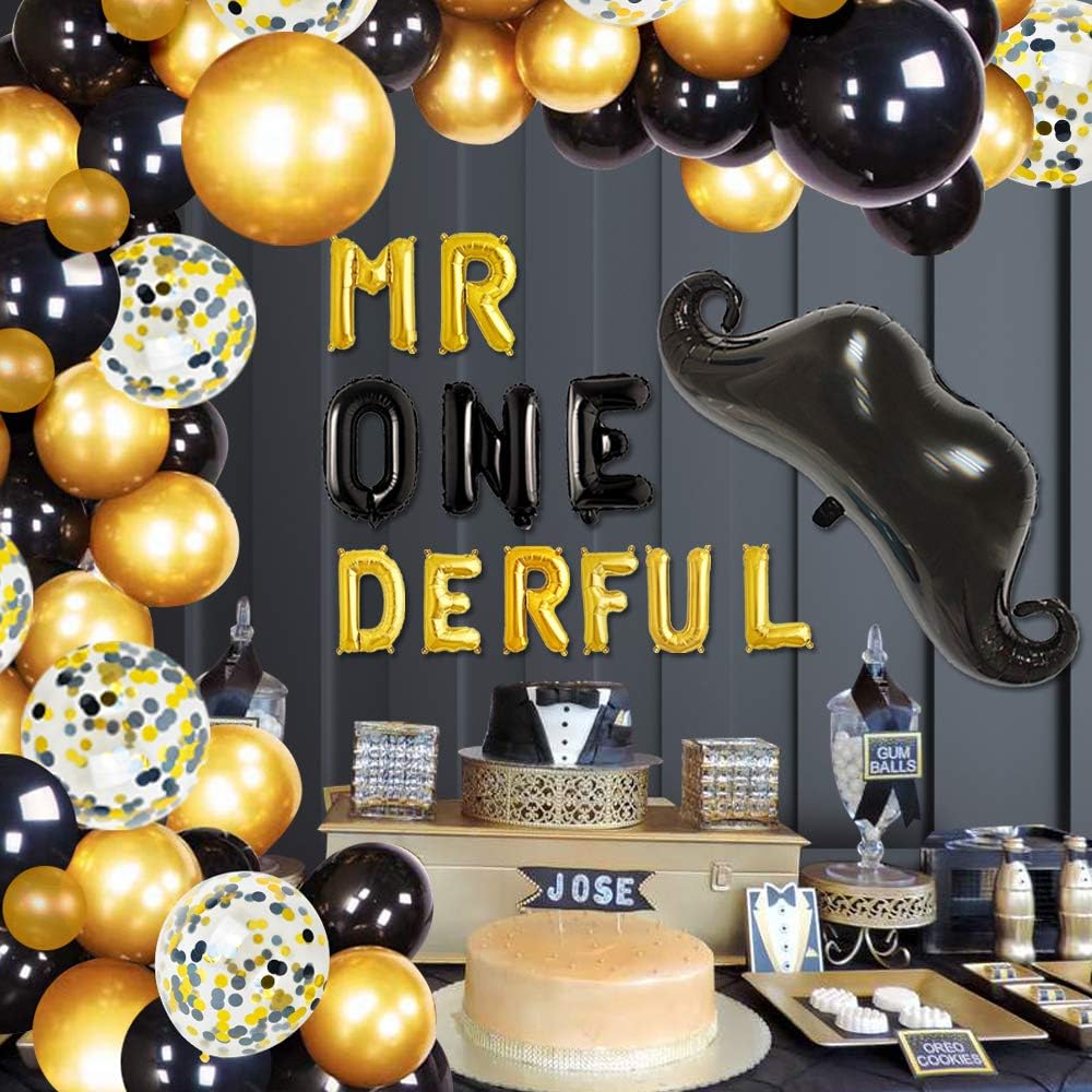 Meuparty Mr Onederful 1st Birthday Decorations Mr Onederful Balloon Banner Black Gold Confetti Balloons for Little Man Bow Tie First Birthday Party Supplies - Image 4