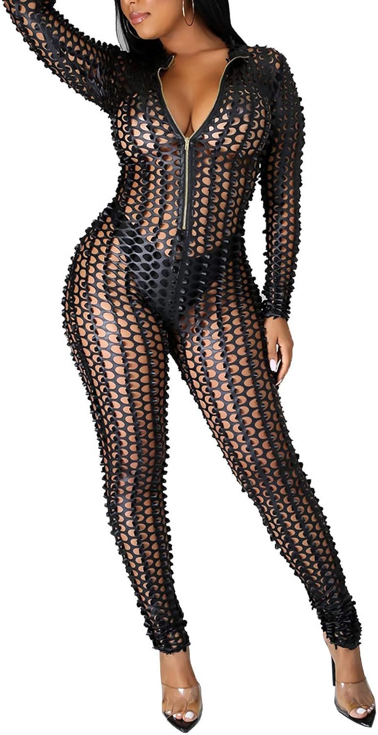 DINGANG Sexy Jumpsuits for Women Long Sleeve See Through