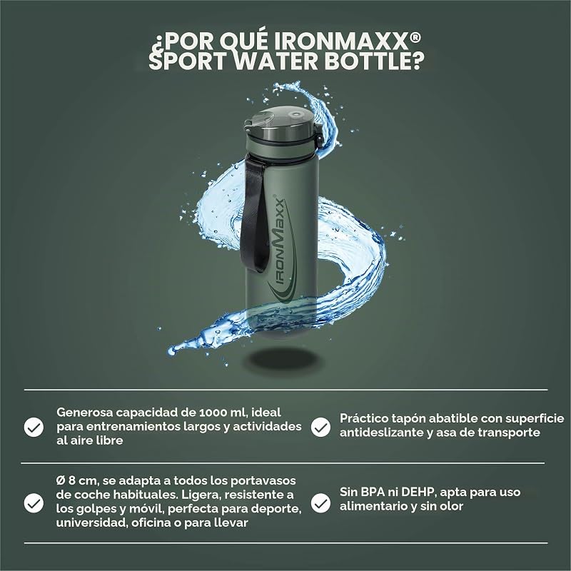 Sport Water Bottle – Mineral Green 1000ml | Botella antigoteo con tapa de rosca y reutilizable – ideal para entrenamientos, uso diario y para llevar a cualquier lugar