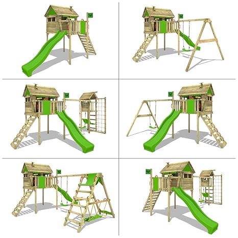 FATMOOSE parque infantil de madera FunFactory Fit XXL casa de juego con columpio y tobogán Gimnasios y columpios