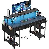 Lufeiya Gaming Desk with Led Lights and Power Outlets, 47 Inch Home Office Desk with Monitor Stand & Shelves, Writing Study Computer Desks with Fabric Drawers for Bedroom, Black