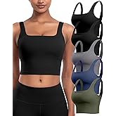Womens Sports Bras 5 Packs - Square Neck Longline Workout Crop Tank Tops Padded Yoga Camisole with Built in Pads