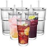 CHPINDAM Ribbed Drinking Glasses,with Lids and Straws Glass Cup,19oz Glass cup,6 Pack Old Fashioned Glasses,Thickened for iced coffees,cocktails and juices, perfect for families and parties (6)