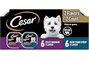 Cesar Filets in Gravy Adult Wet Dog Food Variety Pack, Filet Mignon and New York Strip Flavors, 3.5 oz. Easy Peel Trays, Variety Pack of 12