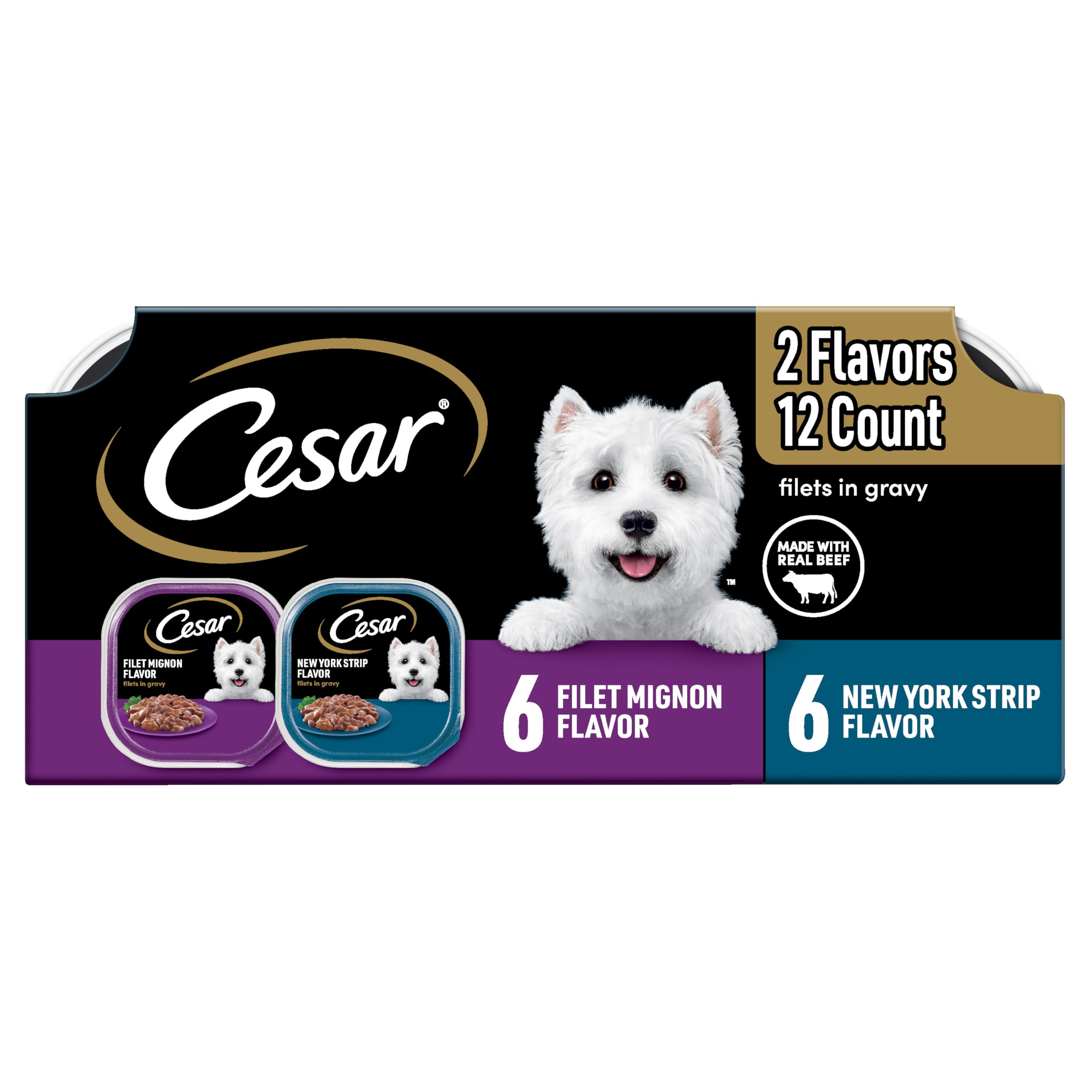 Photo 1 of ***BEST BEFORE 01/2026***Cesar Filets in Gravy Adult Wet Dog Food Variety Pack, Filet Mignon and New York Strip Flavors, 3.5 oz. Easy Peel Trays, Variety Pack of 12