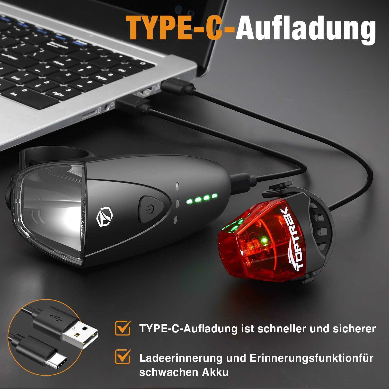 toptrek Fahrradlicht Set 100LUX, Fahrradbeleuchtung Set USB Aufladbar, Fahrradlampe StVZO Zugelassen, Fahrrad Lichter Led Set IPX5 Wasserdicht Vorne Frontlicht & Rücklicht Set… (100 LUX) 5