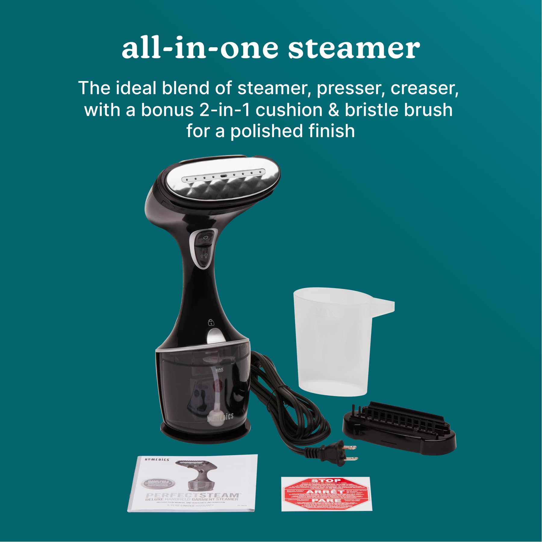 Homedics PerfectSteam Handheld Garment Steamer for Clothes, Sheets and Curtains - 1550 Watts Portable Garment Steamer, Fast Heat, Turbo Power, 15-Minute Continuous Steam, Built-In Crease Attachment