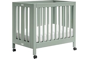 Babyletto Origami Mini Portable Crib Folding with Wheels in Light Sage, 2 Adjustable Mattress Positions, Greenguard Gold Certified