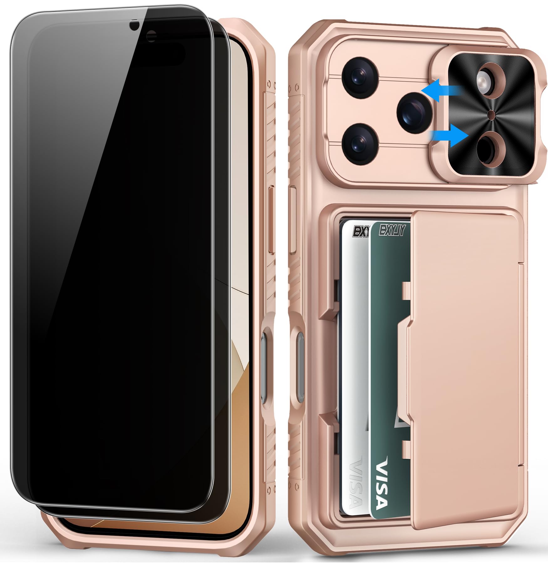 BXYJY for iPhone 17 Pro Wallet Case，2 Privacy Screen Protectors, Card Holder (4-5 Cards), Slide Camera Lens Cover, Military Grade Drop, Heavy Duty Men Women Phone Case for iPhone17 Pro, Rose Gold