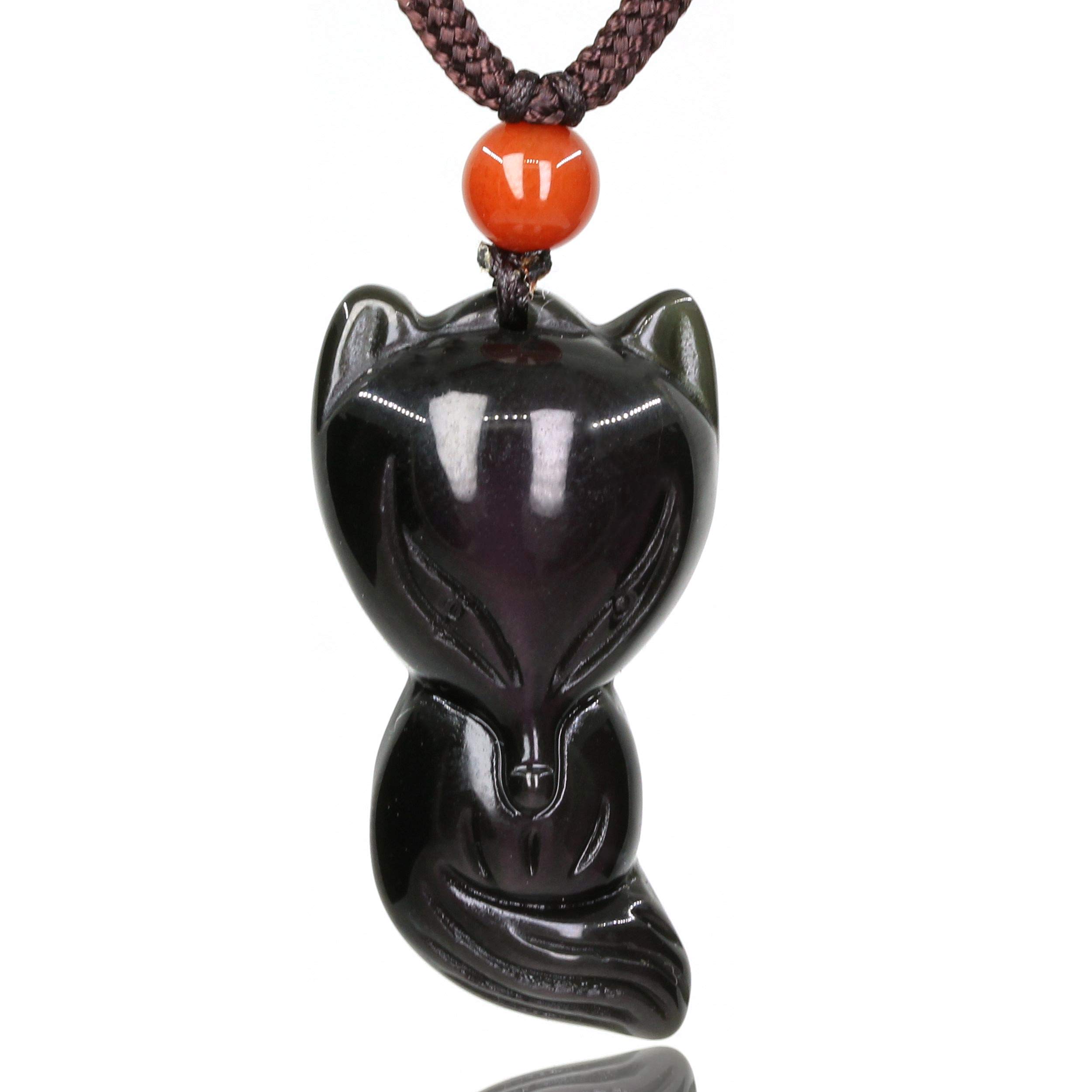 CHENYUE Hand Carved Natural Gemstone Cute Rainbow Obsidian Fox Pendant Charm Reiki Necklaces