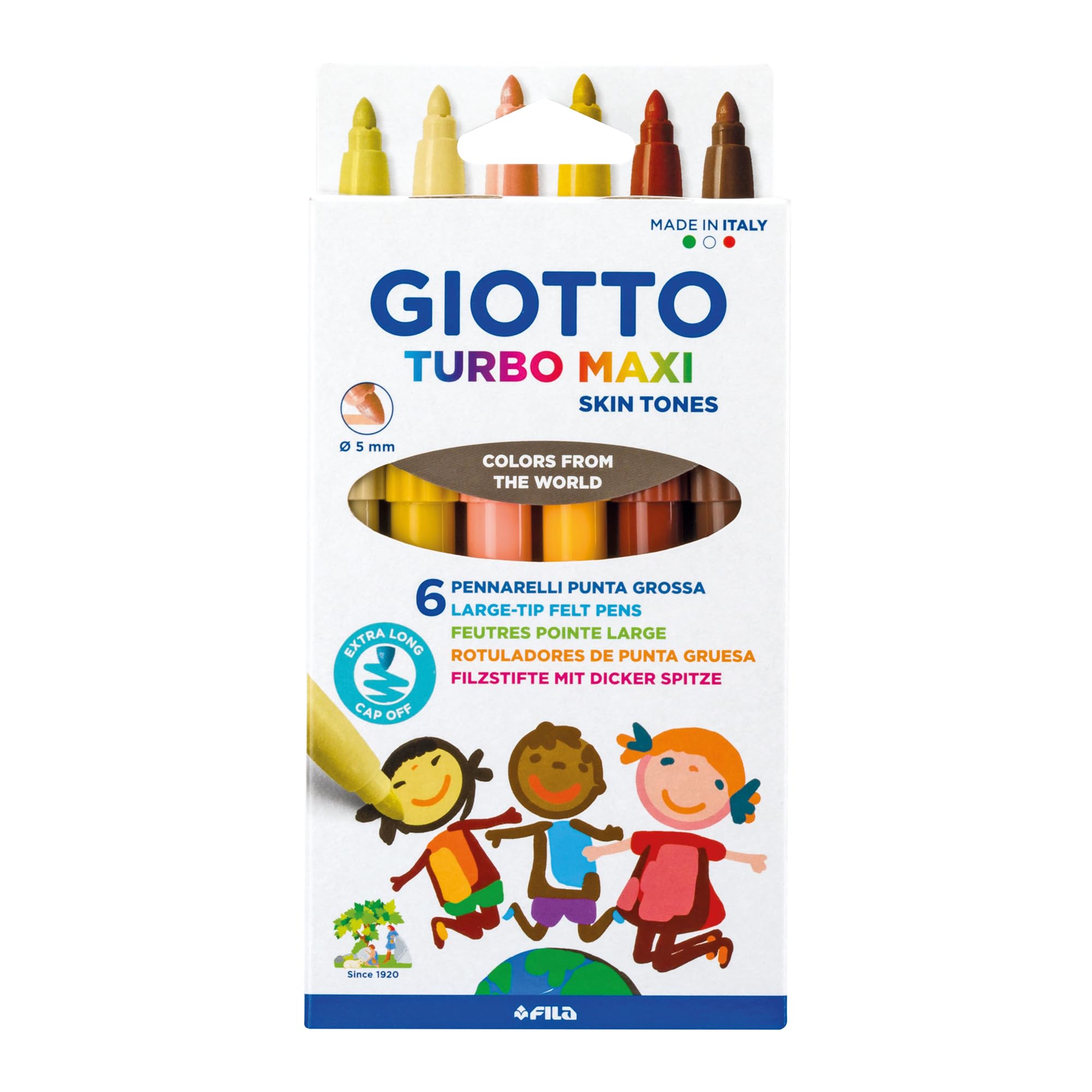 GIOTTO Turbo Maxi Super Washable Felt Tip Fibre Pens, Large Tip Nib 5mm, 6 Skin Tone Assorted Colours, For Children, Parties and Schools
