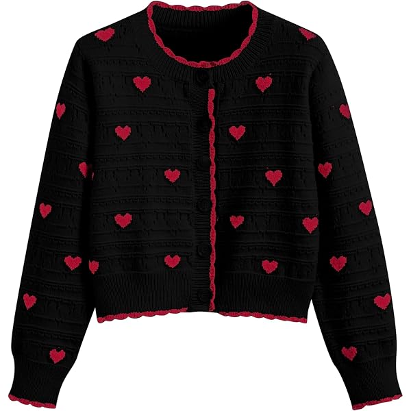 Women's Heart Print Drop Shoulder Crop Cardigan - Button Front Knitted Sweater, Long Sleeve - View #6