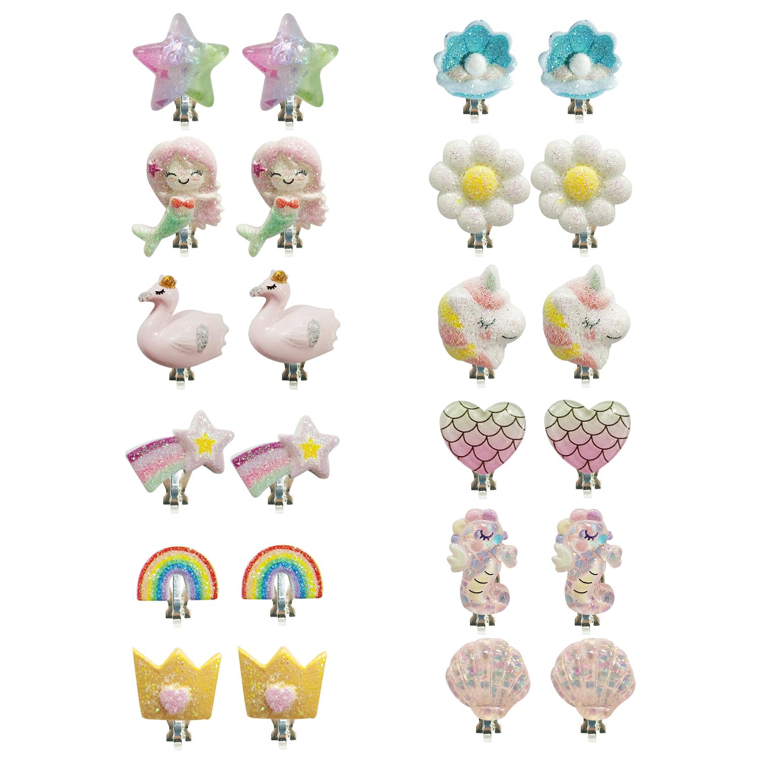 12 Pairs of Girls' Cartoon Decorative Earrings - Cute Clip-On Children's Earrings