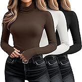 Huukeay 3 Pack Women's Long Sleeve Turtleneck Tops, Slim Fit Ribbed Pullover with Thumbhole Mock Neck T-Shirts Underwear Top