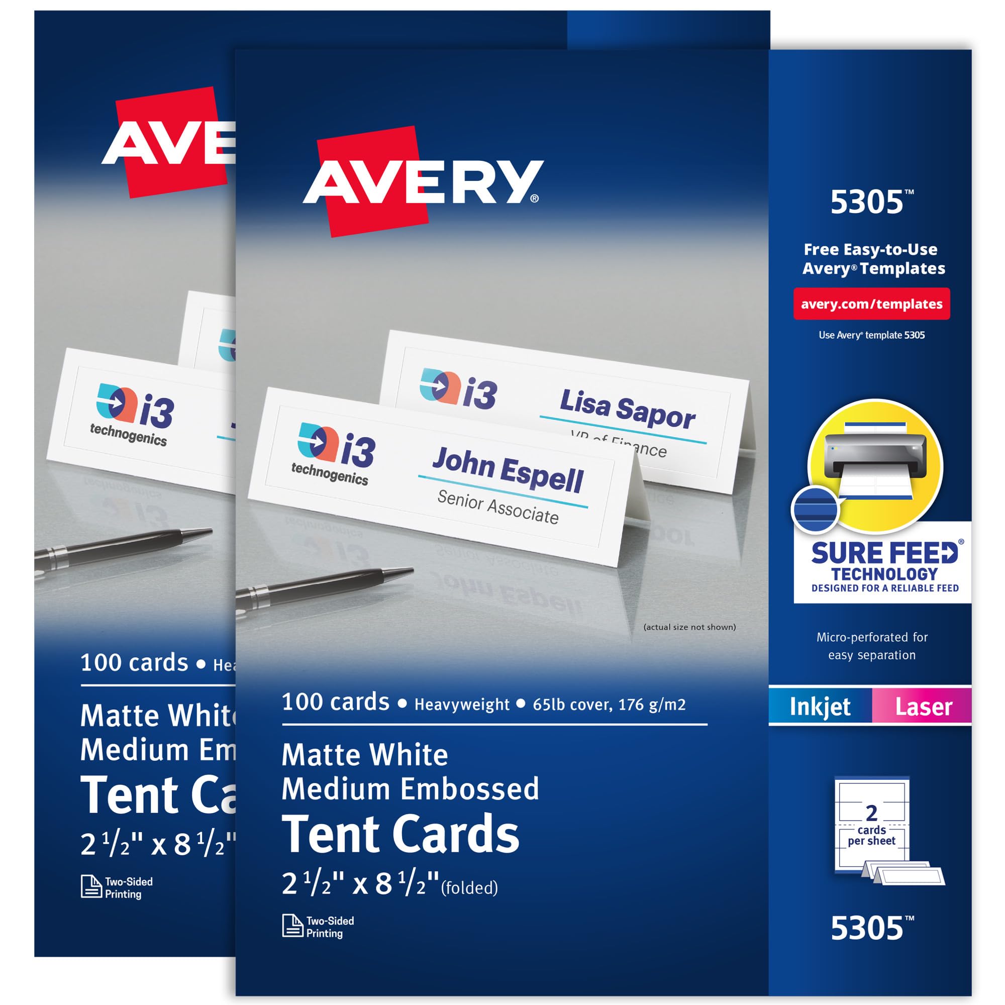 Avery Printable Tent Cards with Sure Feed Technology, 2.5" x 8.5", Embossed Border, Laser/Inkjet, 2-Pack, 100 Cards Per Pack, 200 Cards Total (25305)
