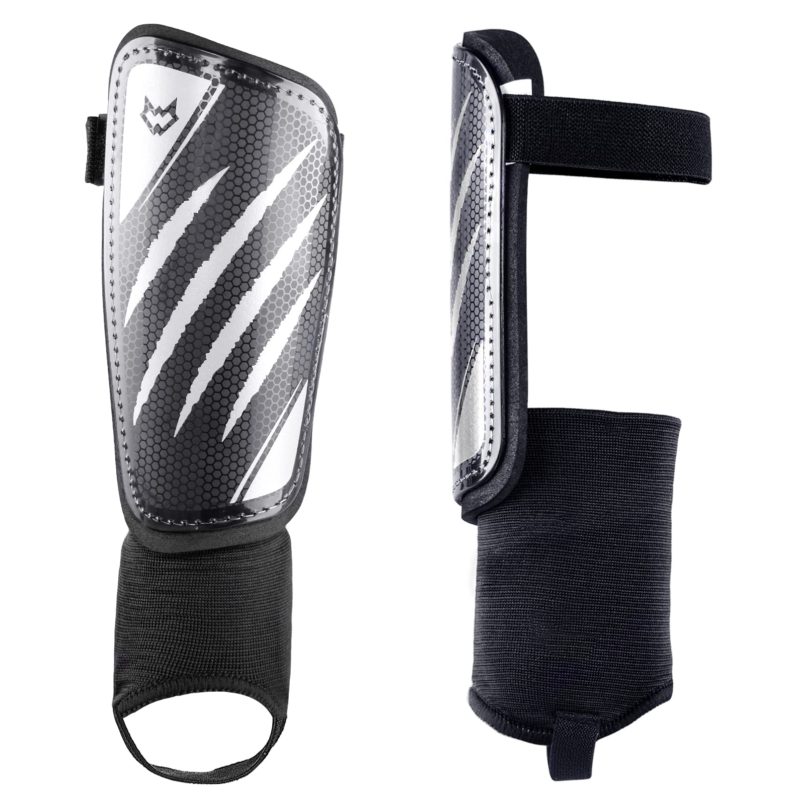 WVVOU Shin Pads Kids, Football Shin Guards for Boys and Girls, Shin Guards Football Men with Double Adjustable Straps, Super Impact Resistance, Lightweight, CE Certified (Silver, L)