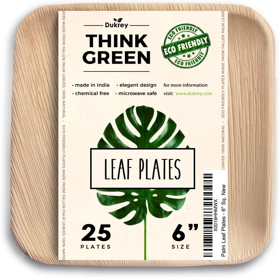 Dukrey Disposable Palm Leaf Plates, Square | Compostable + Biodegradable | 6 Inch, 25 Count