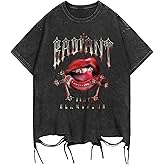 Verdusa Men's Graphic Tees Hip Hop Lip Goth Ripped Short Sleeve T-Shirts Vintage Grunge Tops Streetwear