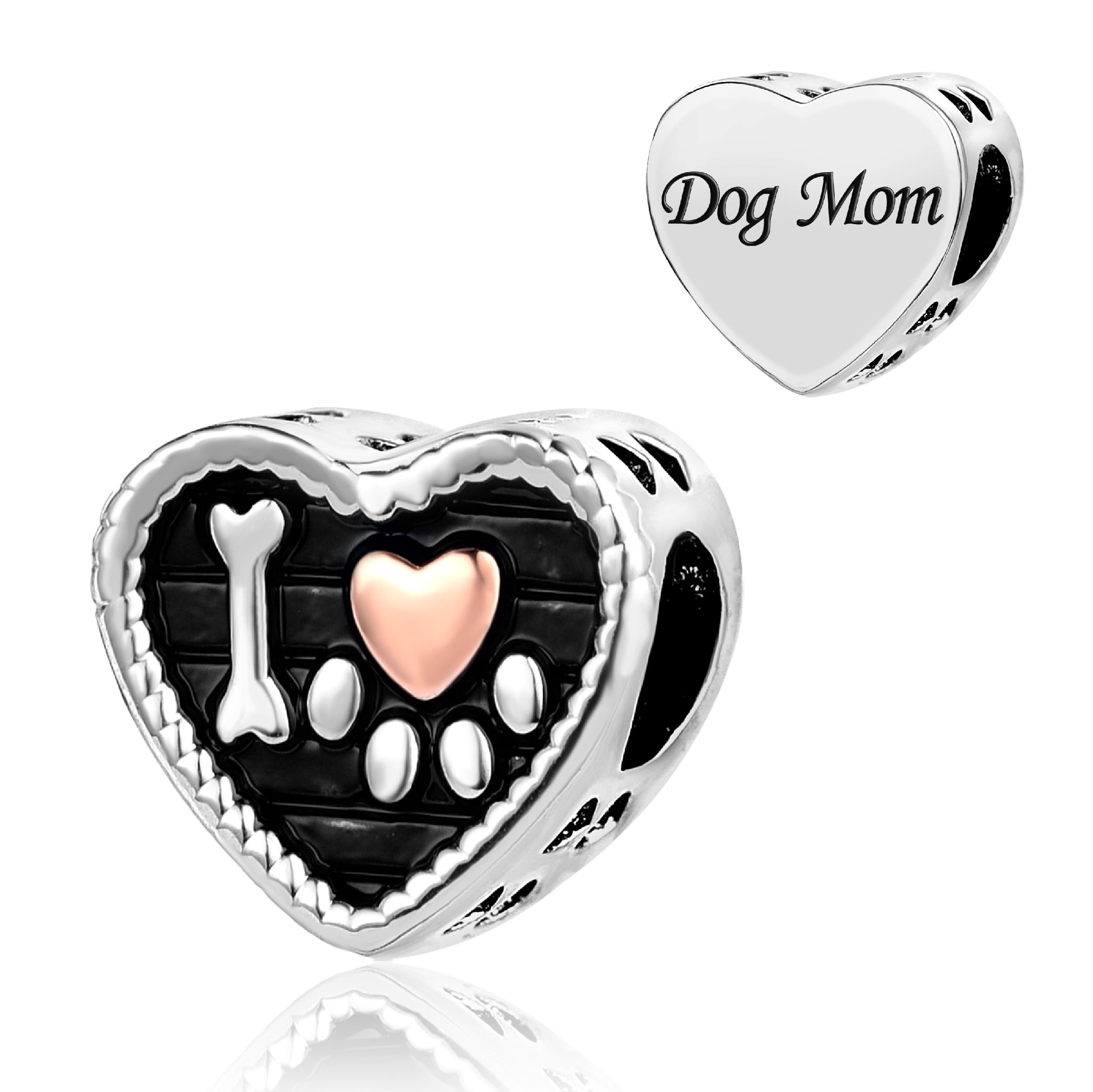 SBI Jewelry Love Heart Dog Mum Charm for Bracelets Rose Gold Paw Print Bead Women Mum Birthday
