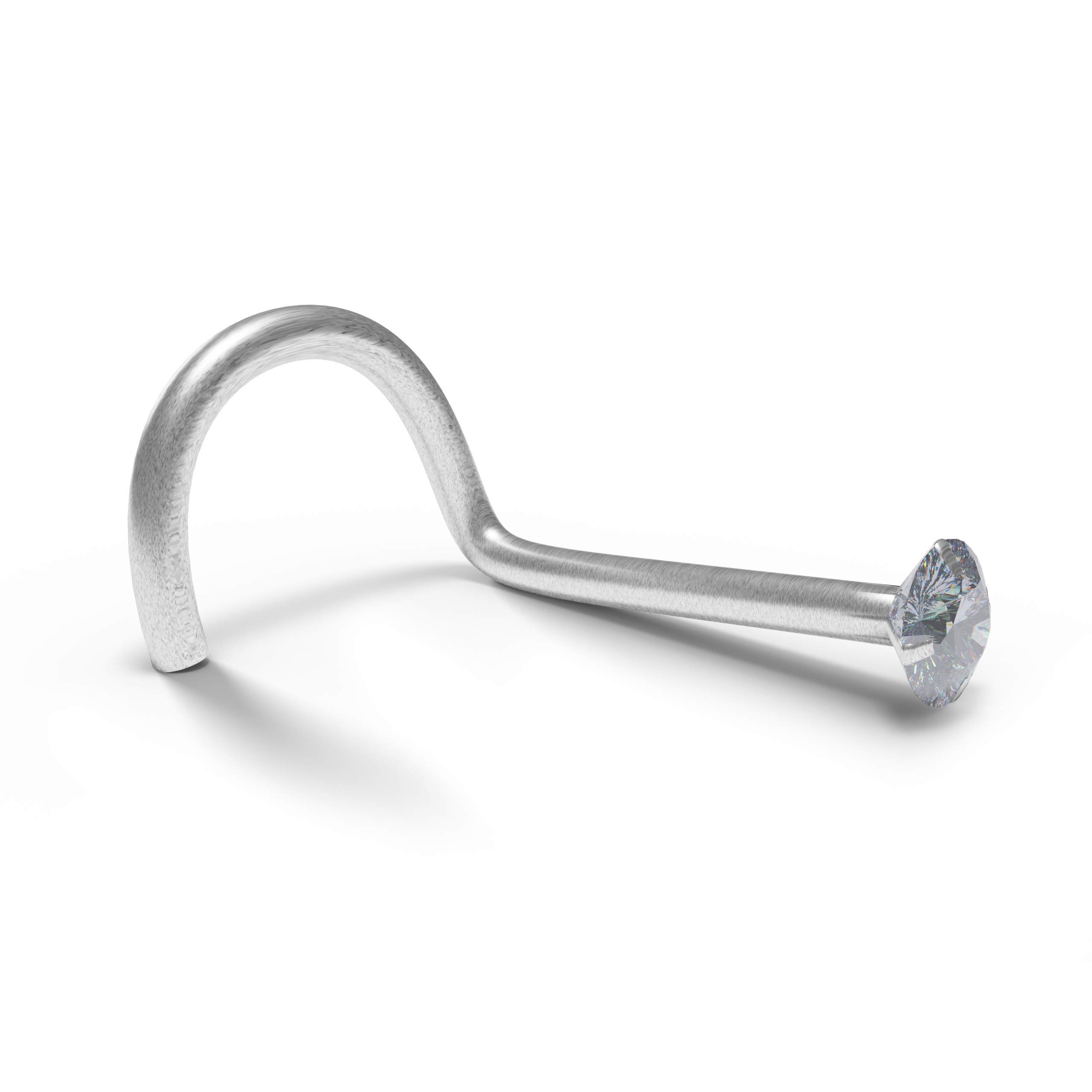 AZARIO LONDON 9K White Gold Prong Set 2.5MM Round CZ Stone 20 Gauge Nose Screw Nostril Piercing