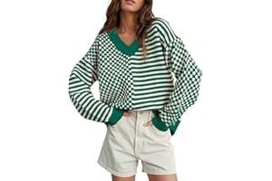 UNCLECAT Women's Striped Checkered Sweater 2024 V Neck Fall Sweaters Casual Knit Trendy Pullover Tops