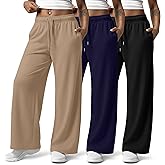 Huukeay 3 Pack Women Plus Size Pants, Straight Wide Leg Lounge Pants Elastic Fall Drawstring Casual Loose Trouser with Pocket