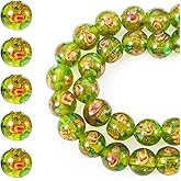 Craftora 40Pcs Olive Green Rose Flower Lampwork Beads 10mm Glass Flower Beads Crystal Floral Spacer Bead Gold Sand Rosary Bead for Bracelet Necklace Craft Jewelry Making